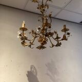 Lustre en métal doré et fleurs en verre, 1970