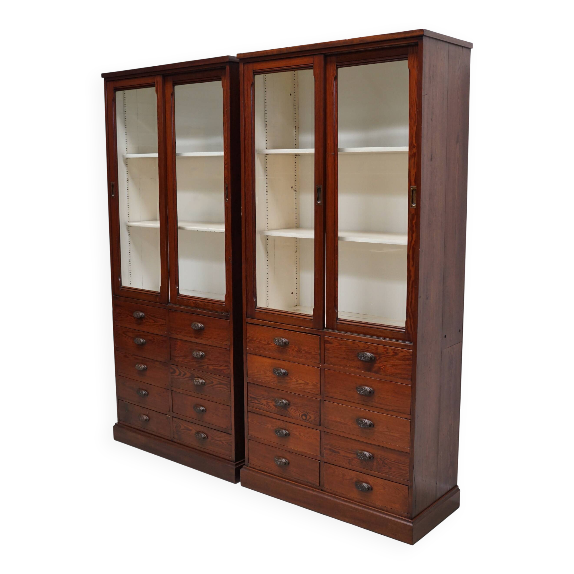 Large Antique Belgian Pitch Pine Apothecary Shop Cabinet / Vitrine, ca 1900