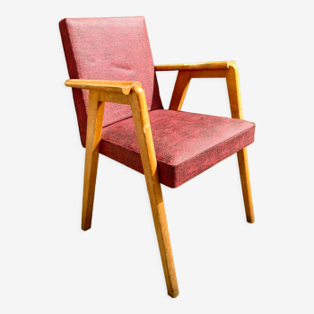 1950 - red armchair in wood and coated canvas
