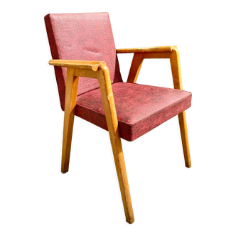 1950 - red armchair in wood and coated canvas