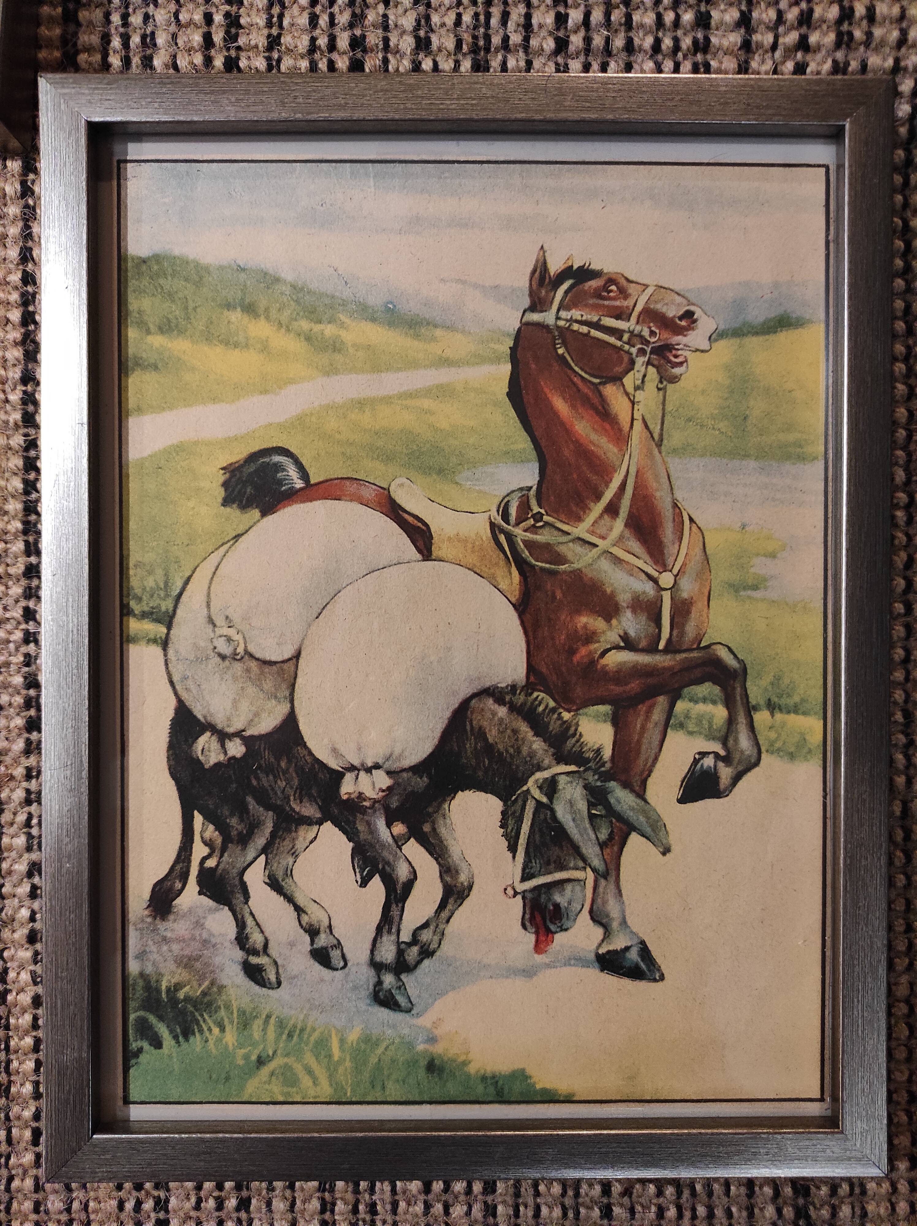 Set of 5 illustrations framed in glass the Fables of La Fontaine