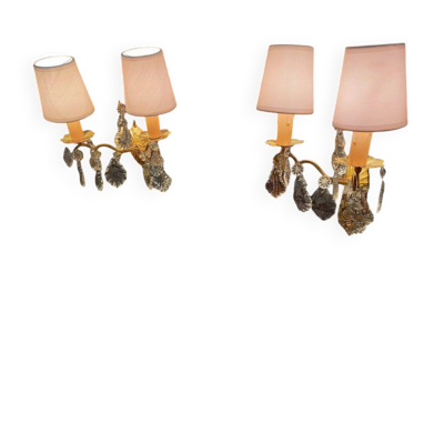 Paire d’appliques à pampilles en verre et laiton, époque 1950