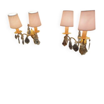 Pair of glass and brass wall lights with tassels, 1950s period
