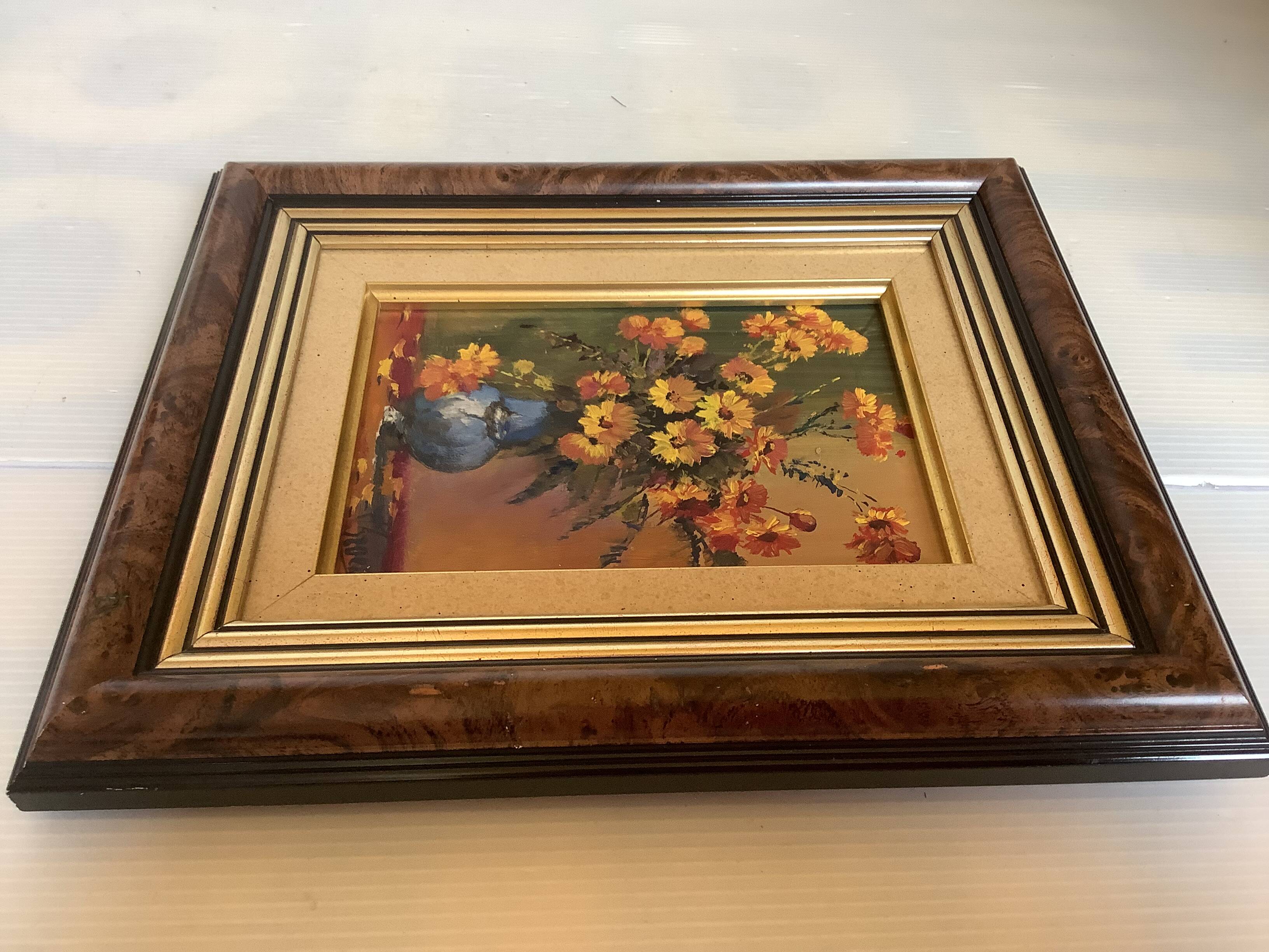Petit tableau bouquet de fleurs huile sur panneau signée