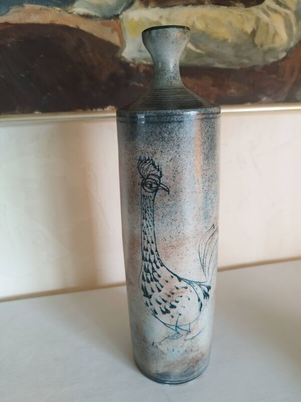 Vase bouteille au décor d'un coq Atelier Roy Montgolfier