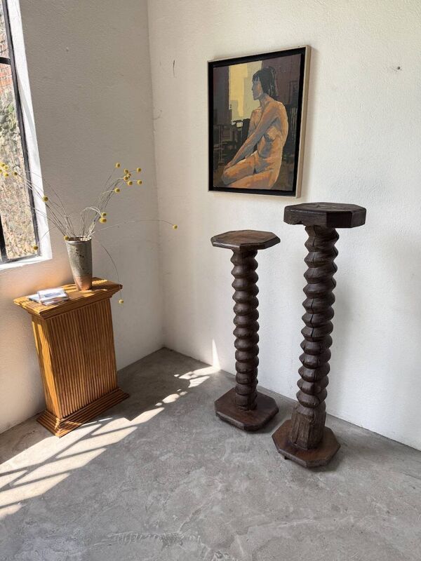 Paire de piédestal colonnes vis de pressage chêne 1900