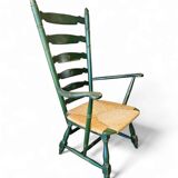 Vintage transparent green wooden arm chair / rush seat / high back ladder chair