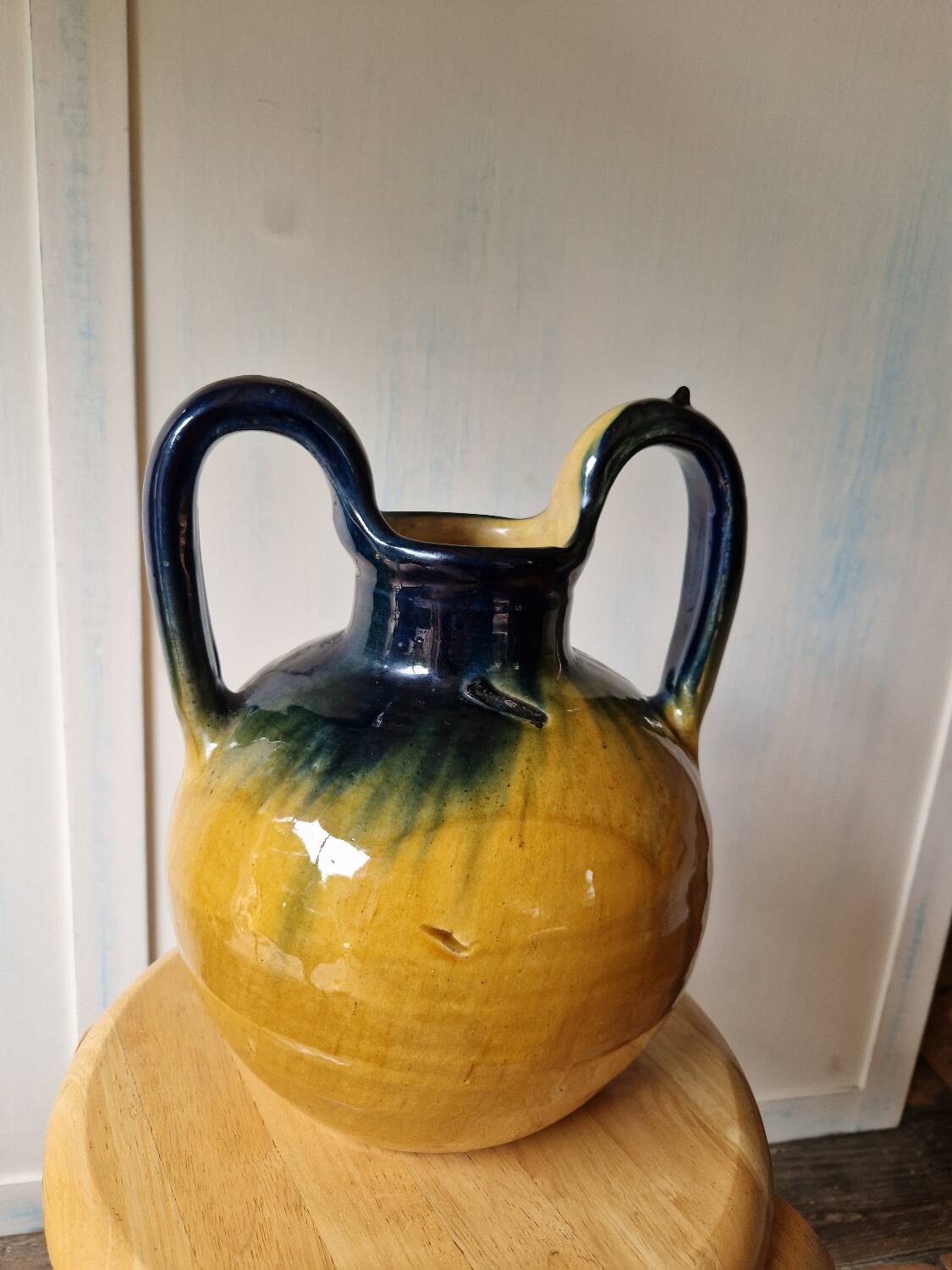 Pottery, jar, old jug in yellow and green glazed terracotta