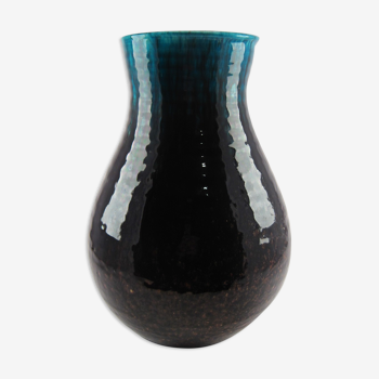 Vase ventru bleu turquoise et brun vernissé signé ACCOLAY vers 1960 numéroté 27