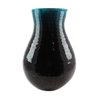 Turquoise blue and glazed brown ventru vase signed ACCOLAY around 1960 numbered 27