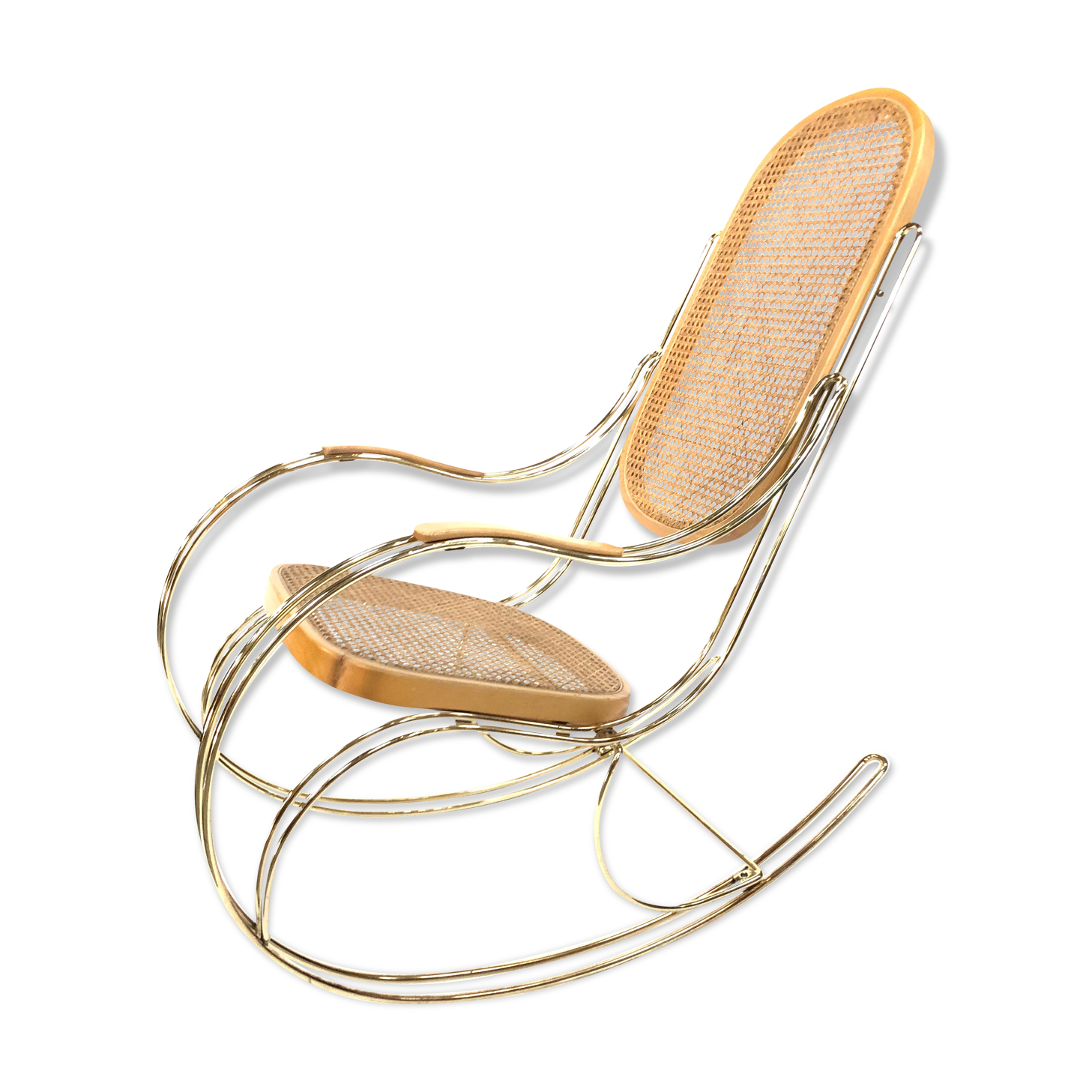 Vintage brass curved wooden rocking chair