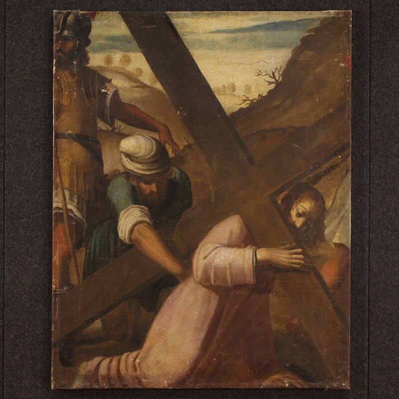 Antique Italian painting of the Way of the Cross, Ascent to Calvary