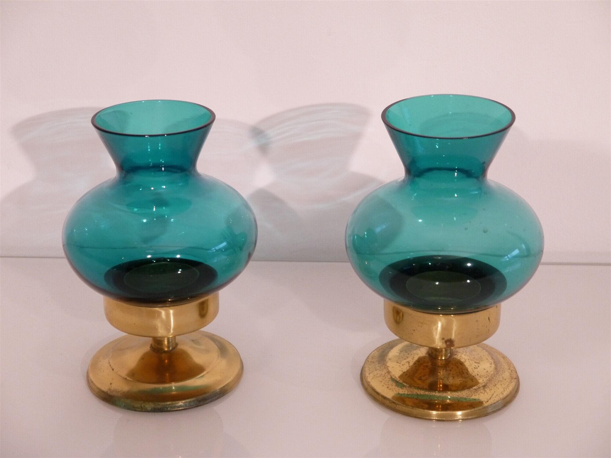 Pair of Scandinavian candlesticks in brass and coloured glass