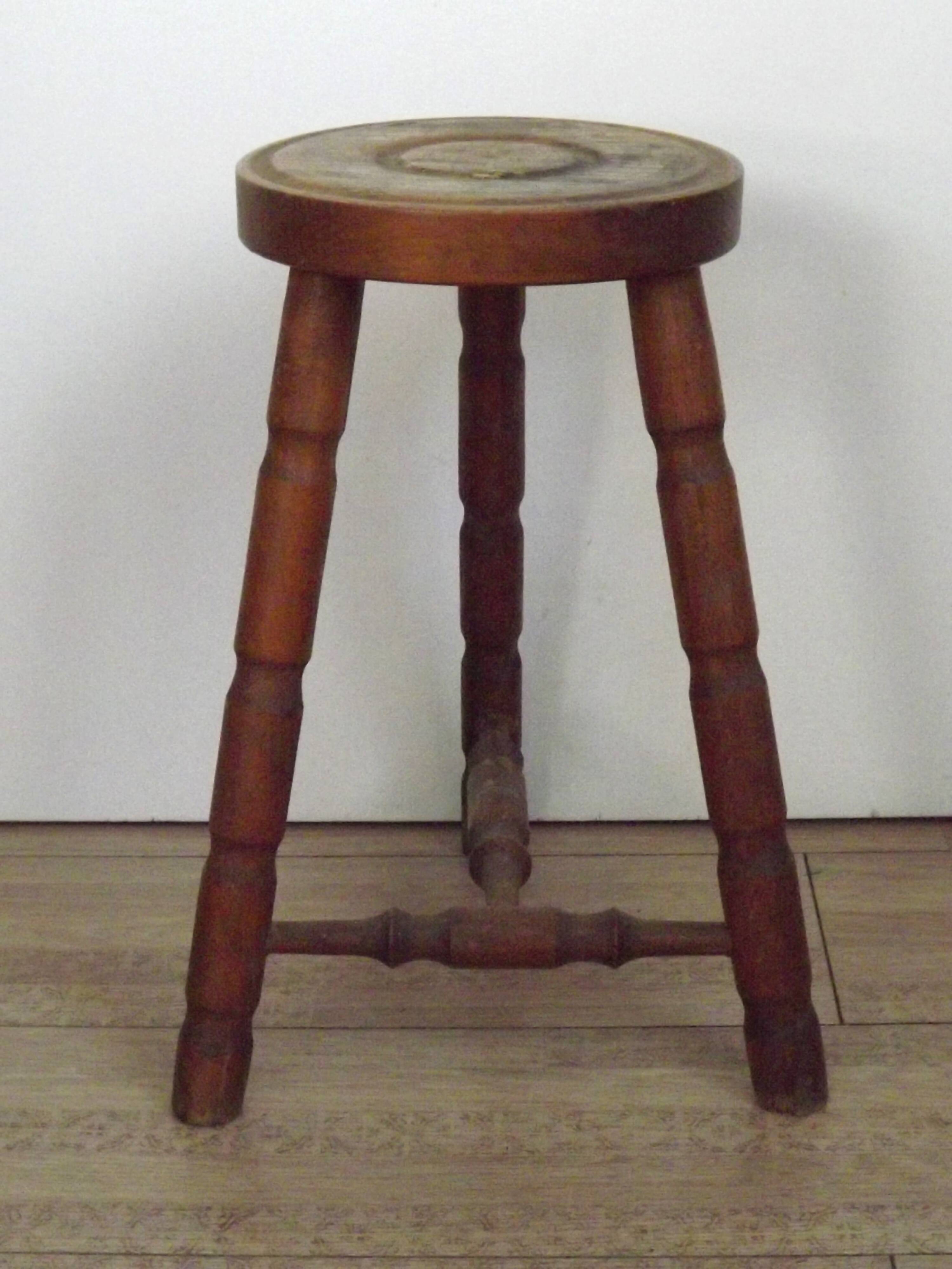 French Vintage Hand Made Wood Milking Stool 3 Spindle Legs Bullseye Seat