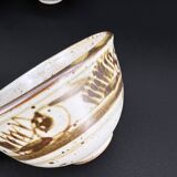 Trio of white speckled glazed stoneware bowls, gestural brown decoration – signed