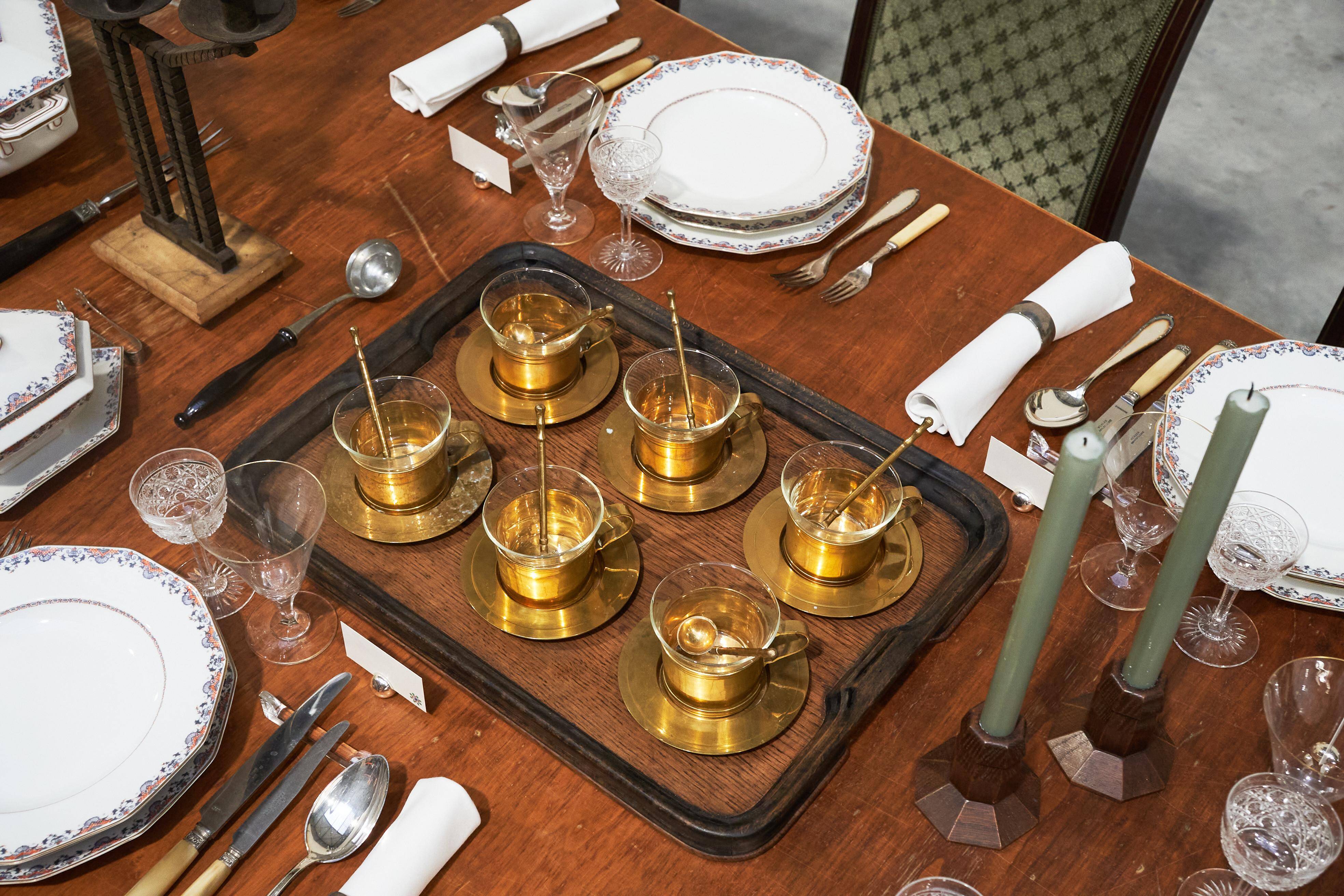 Mid-century tea service in patinated brass and glass
