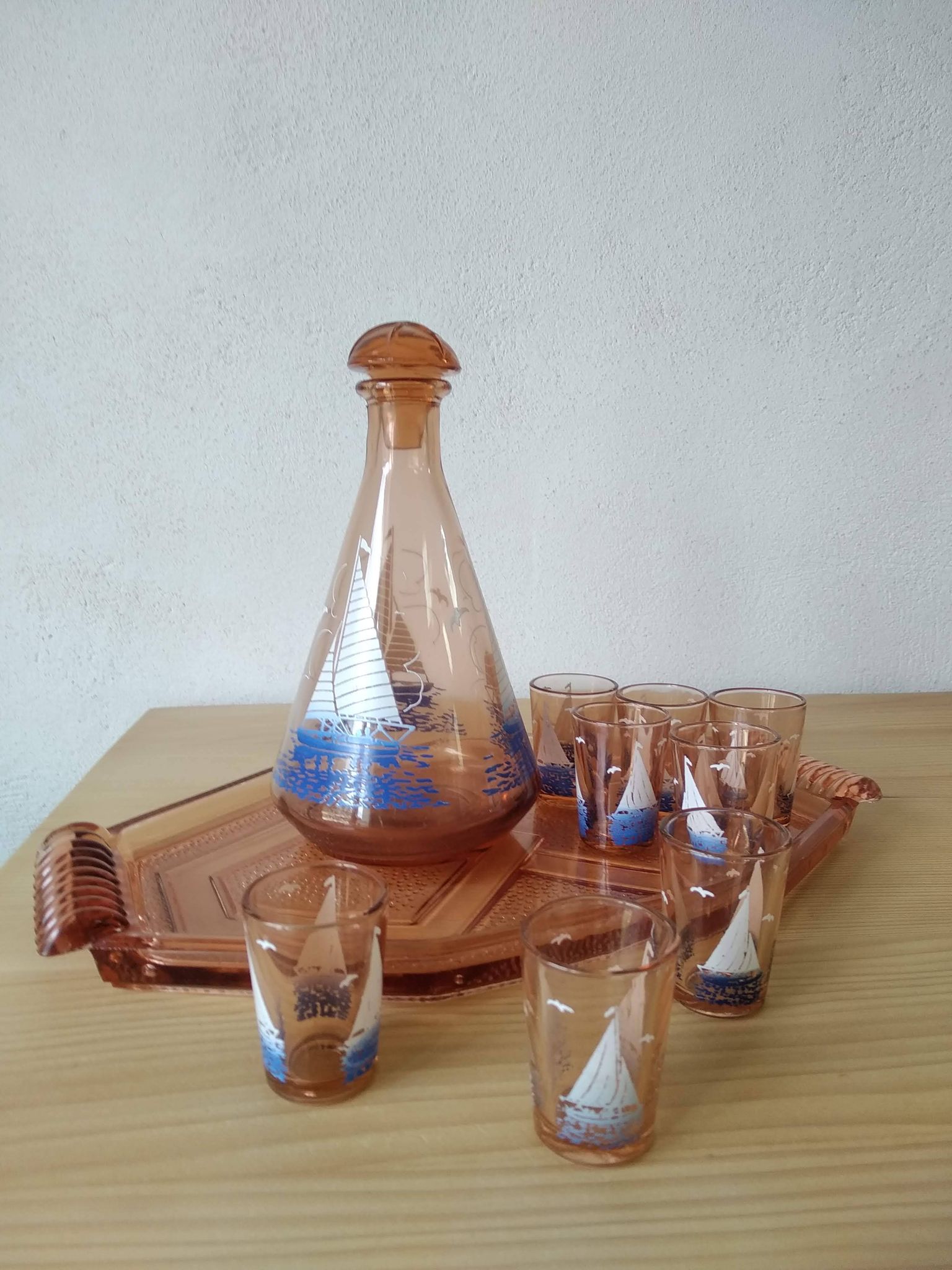 Service à liqueur Art Déco motif bateau