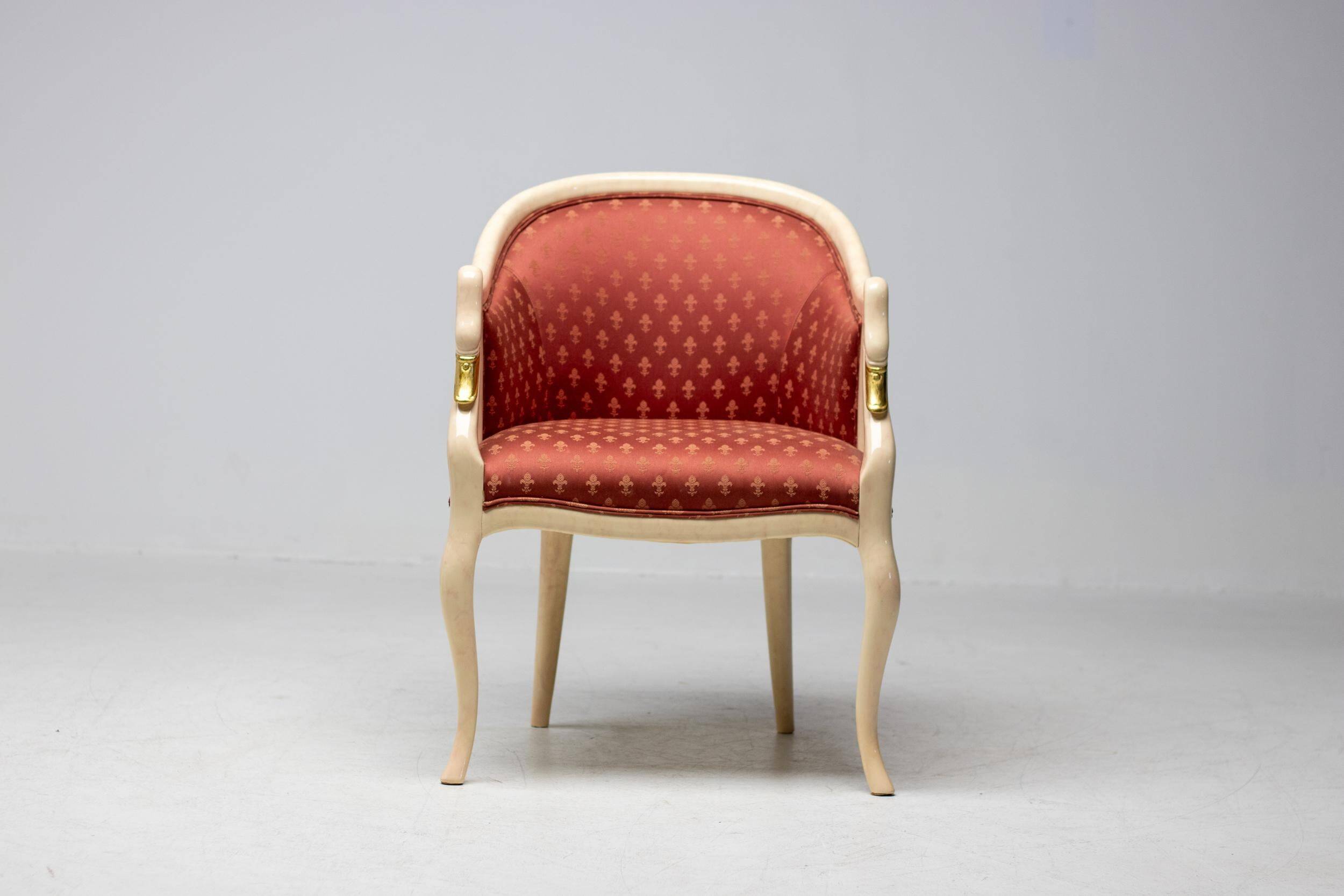 Trüggelmann - Swan neck armchair - Marble and gold base, poppy red damask