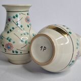 Pair of hand decorated enamelled ceramic vases, 13 cm