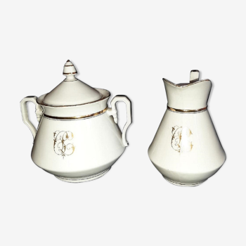 Porcelain sweetener and milk jug with cipher