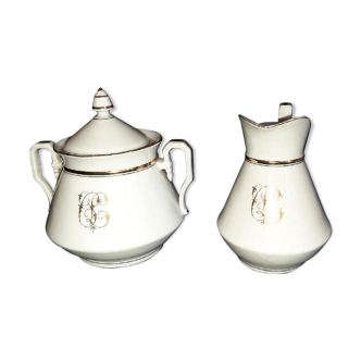 Porcelain sweetener and milk jug with cipher