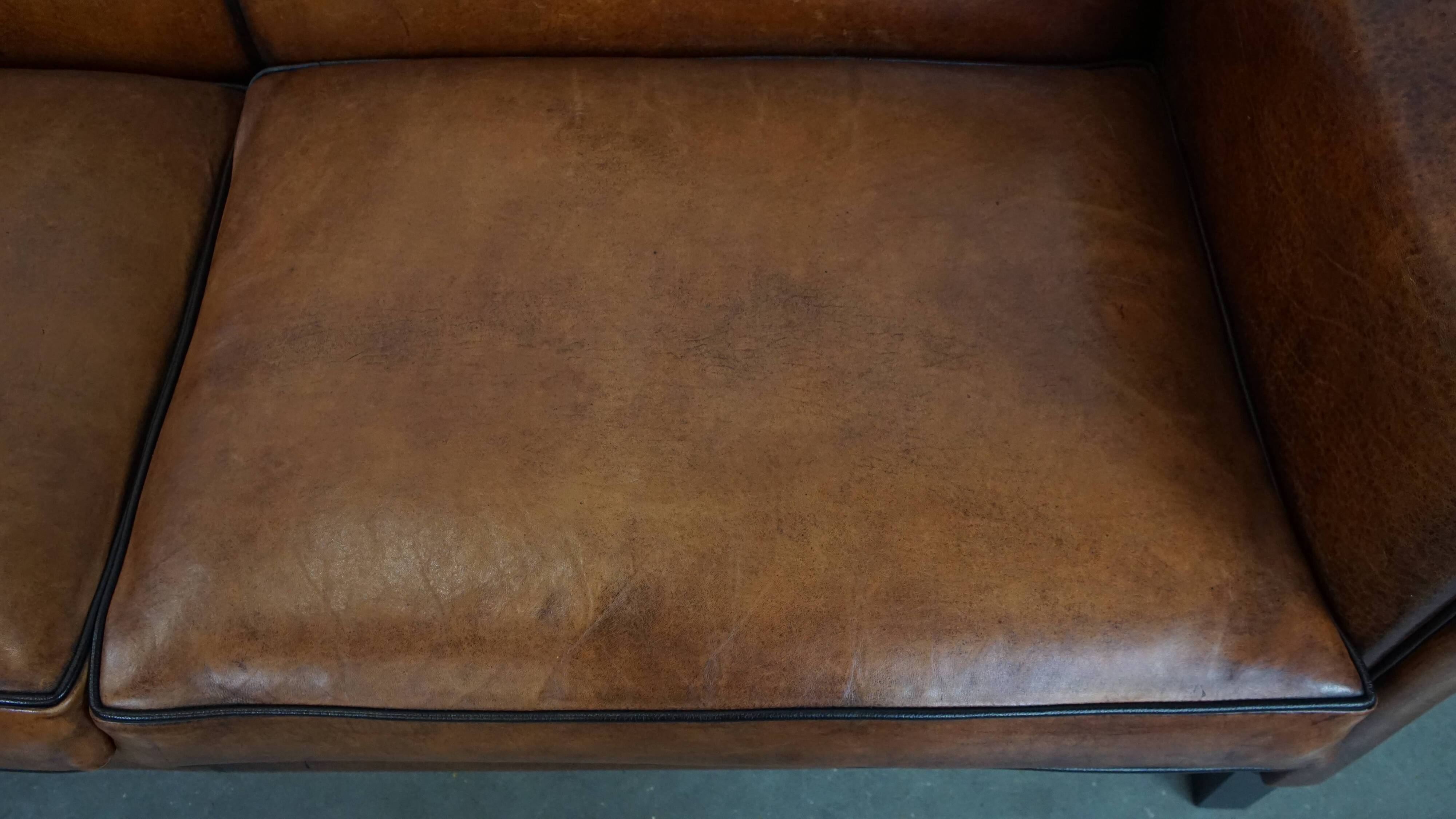 Sheepskin Leather 2-Seater Art Deco Sofa