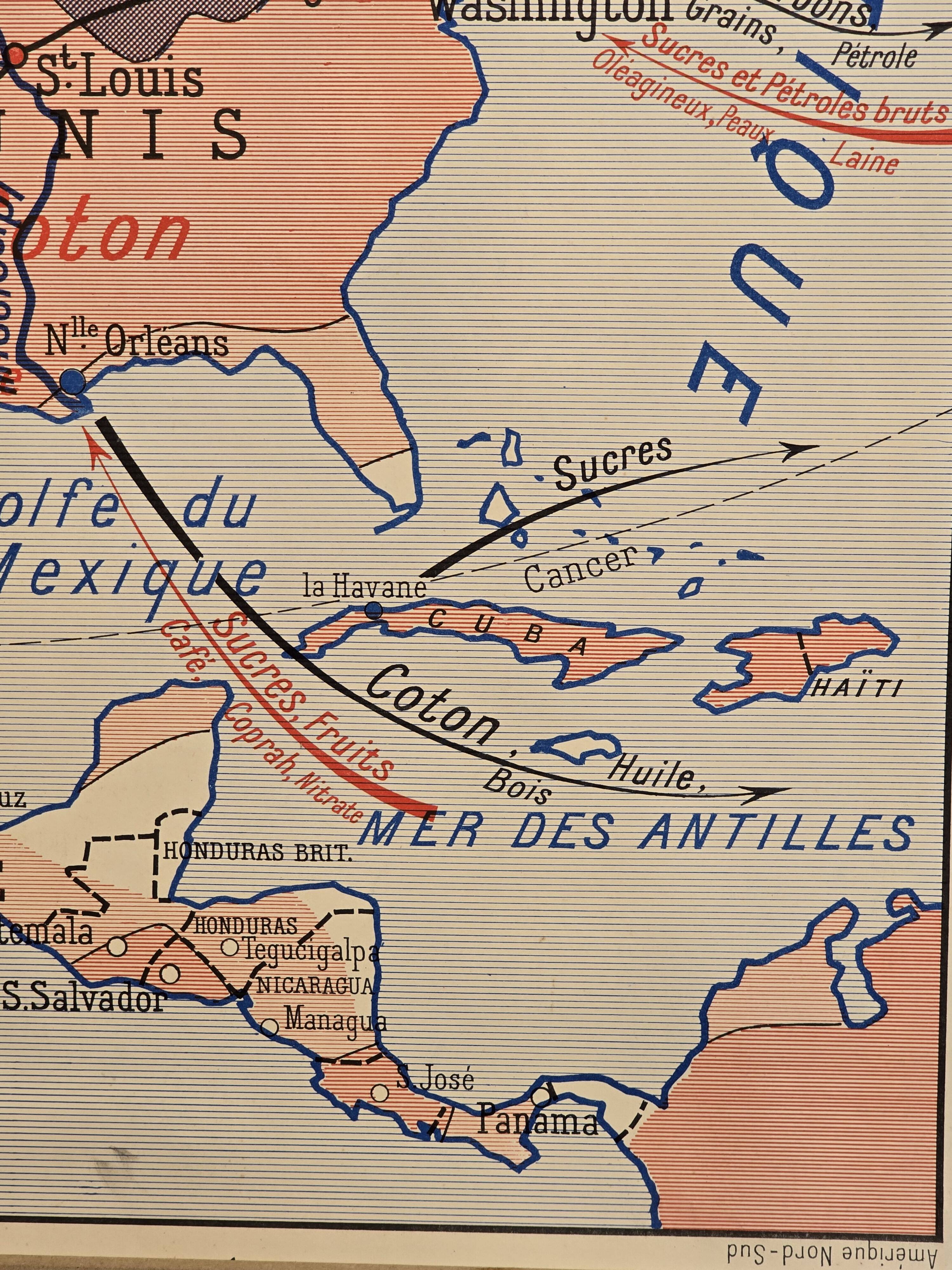 Old geography map / school map South America North America