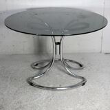 Table style Gastone Rinaldi, Italy, circa 1970. Chromed steel and smoked glass slab.