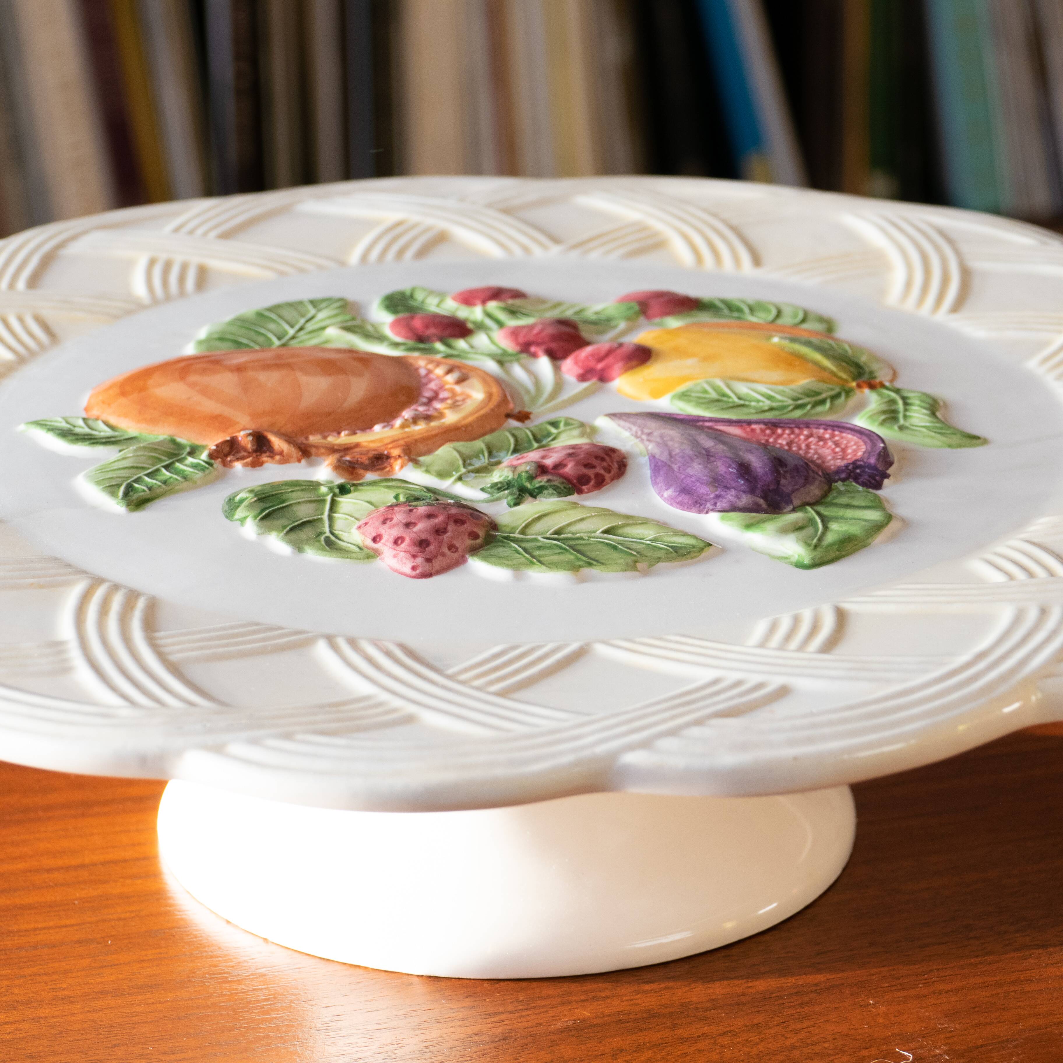 Large cake dish on foot in slip signed Fratelli Gialletti