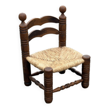 Chaise basse en chêne et paille design vintage années 60