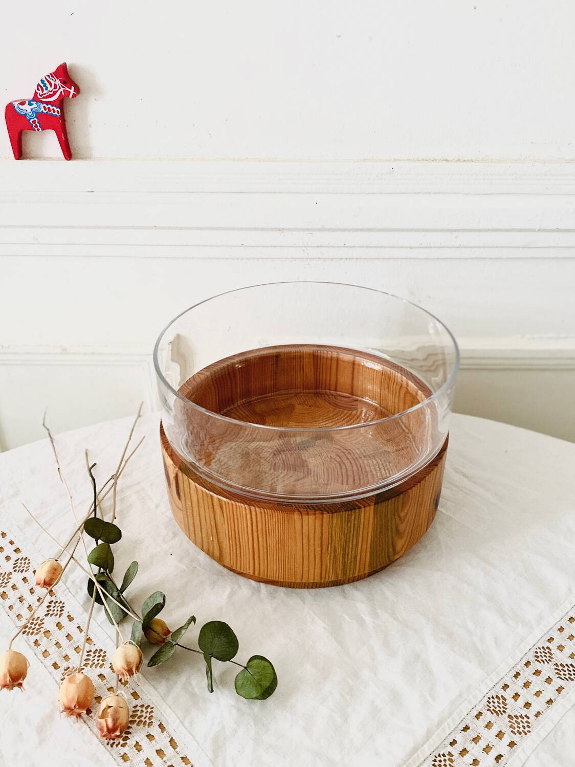 Large Scandinavian glass and wood salad bowl BLOMBERG GOTENE SWEDEN