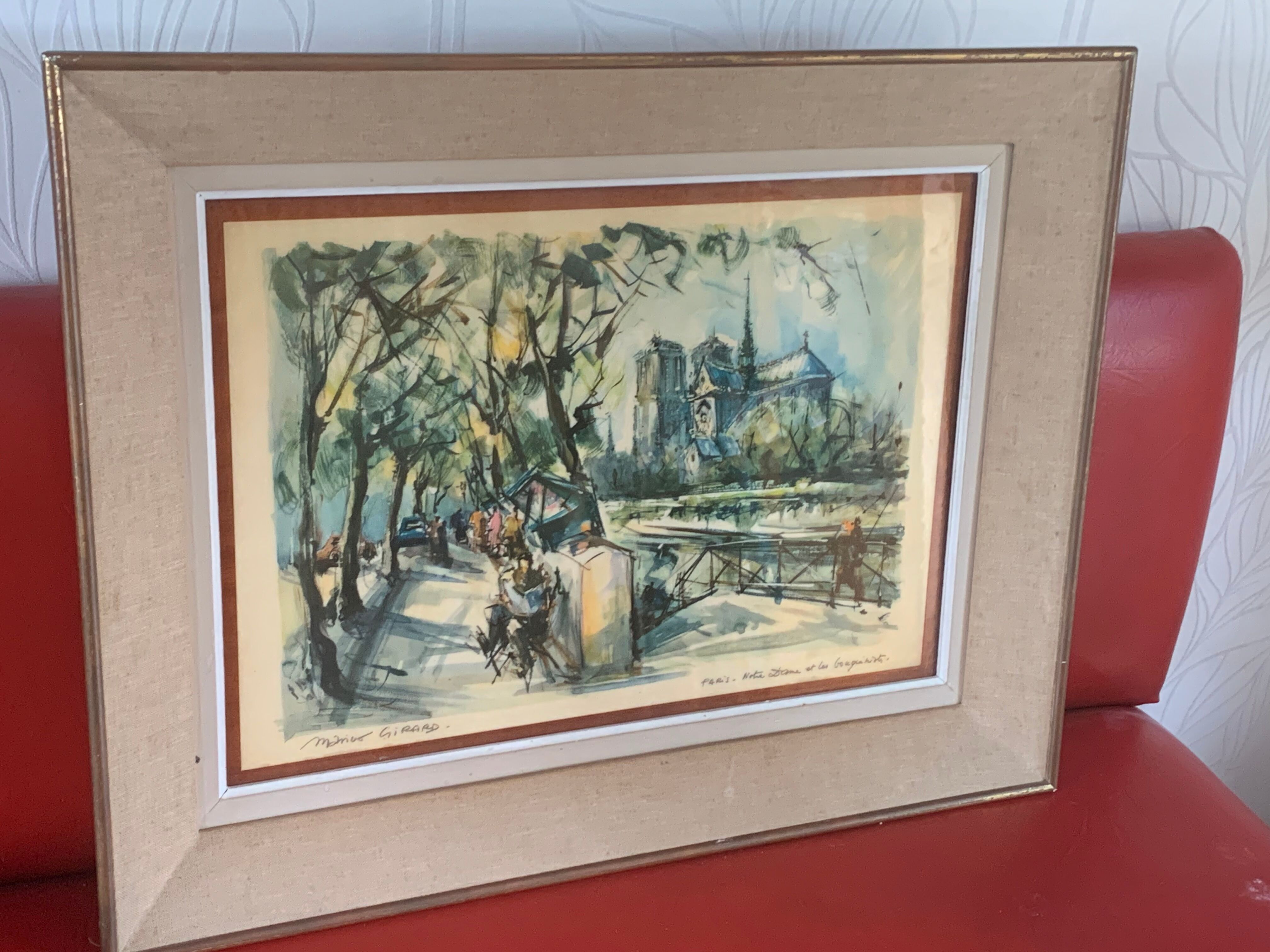 Lithograph notre dame et les bouquinistes signed by Marius Girard vintage