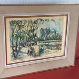Lithograph notre dame et les bouquinistes signed by Marius Girard vintage