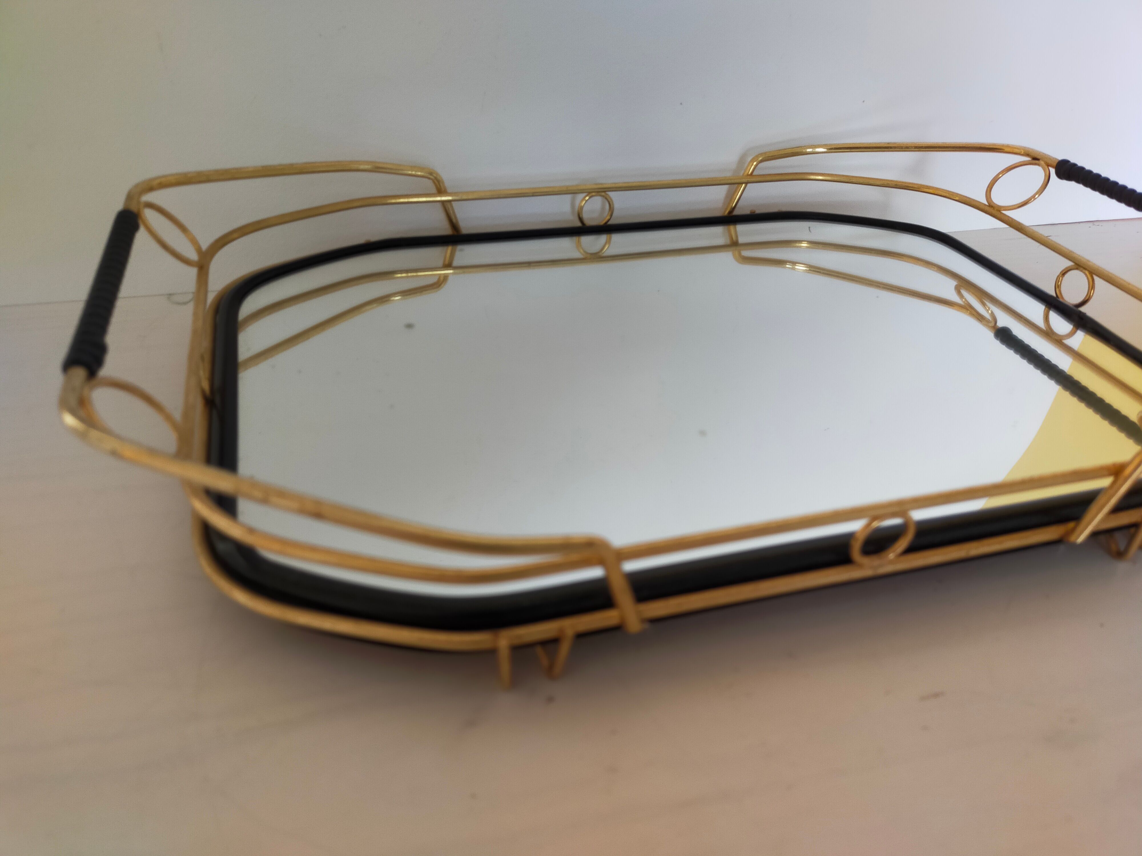 Art deco mirror tray brass and scoubidou