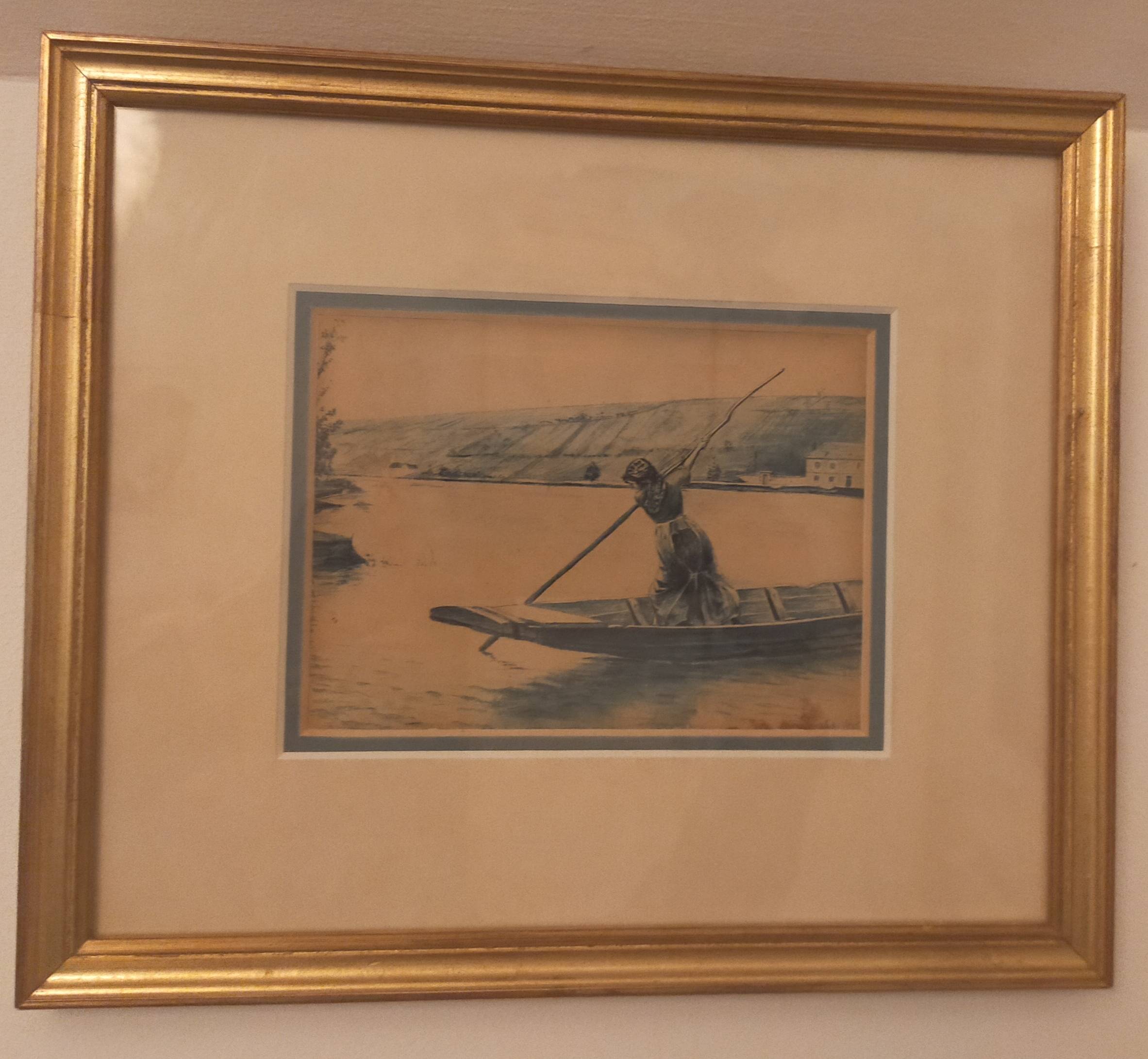 Framed signed watercolor marine landscape