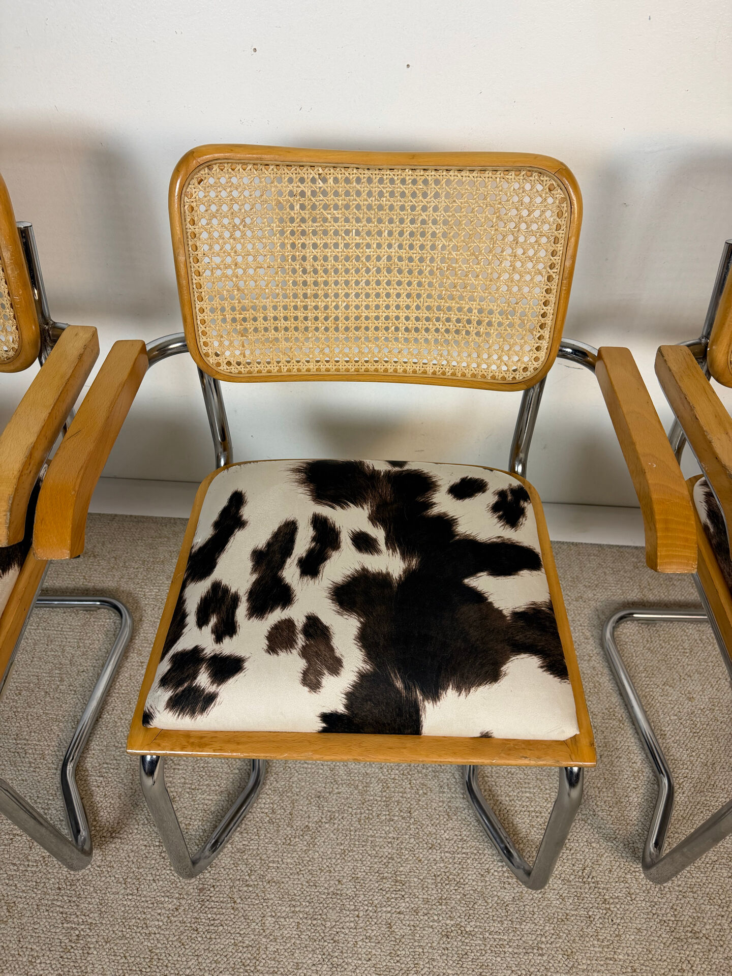 4 fauteuils cannés chrome et bois années 70
