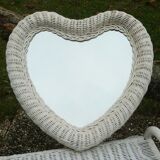 Vintage white rattan heart mirror 60-70, 47cm