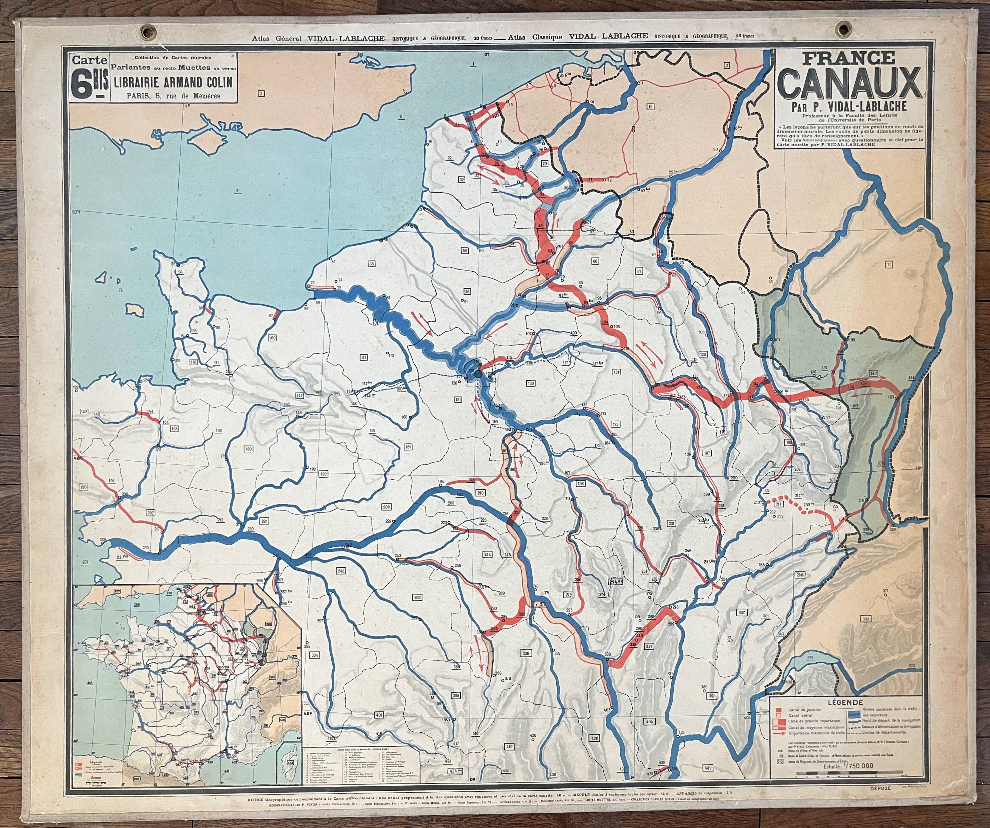 Old school map Vidal Lablache 6, Mézières, T36, 1910 France Canals