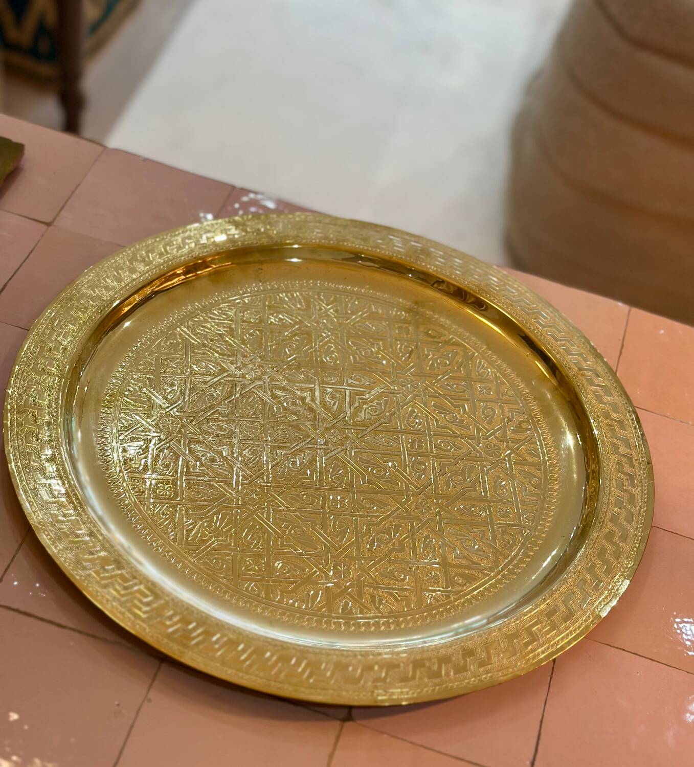 Moroccan tea tray gilded brass engraved oriental 40 cm