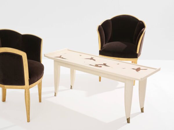 Maurice Jallot table basse chêne peint à décors d’oiseaux 1930
