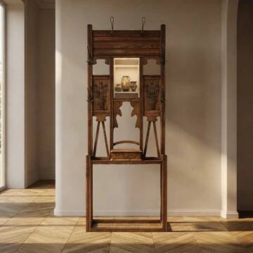 Vintage carved oak hall tree with mirror and coat hooks, early 20th century, 192 × 72 × 24 cm