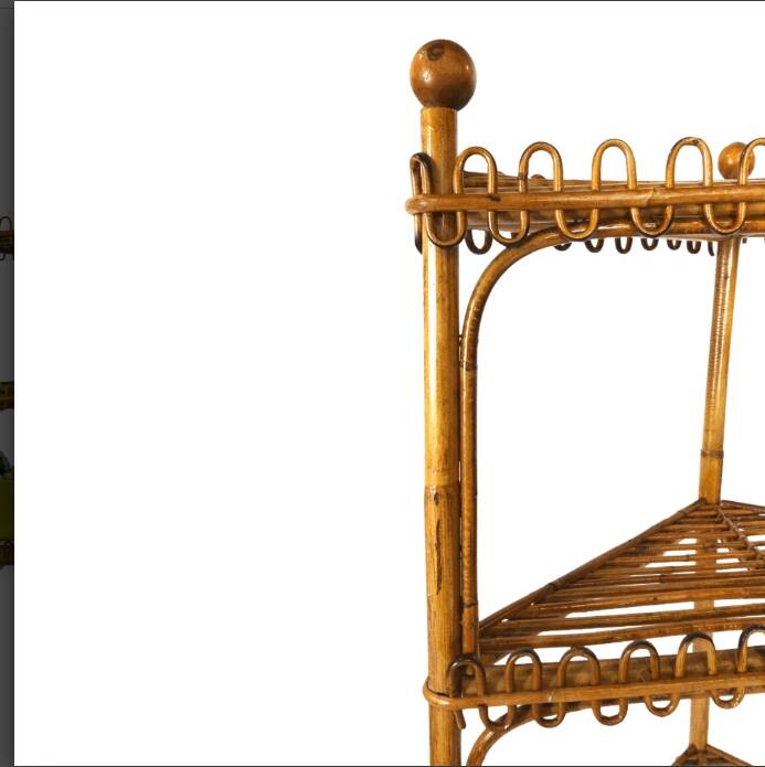 Étagère d'angle sur pied en bambou et rotin