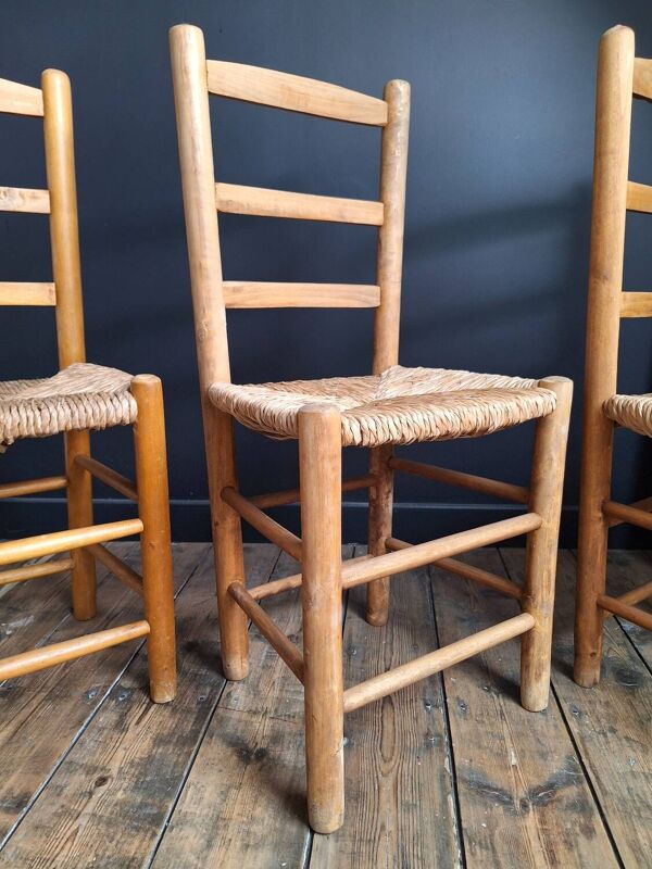 3 chaises paillées vintage, meubles sièges anciens