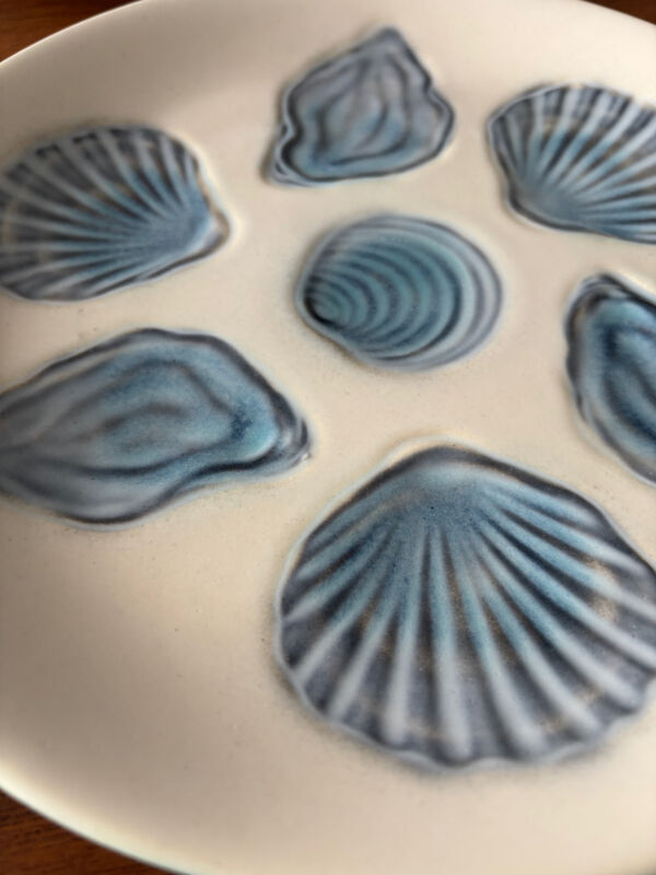 Lot d’assiettes à huîtres en céramique bleue – Assiettes coquillages r