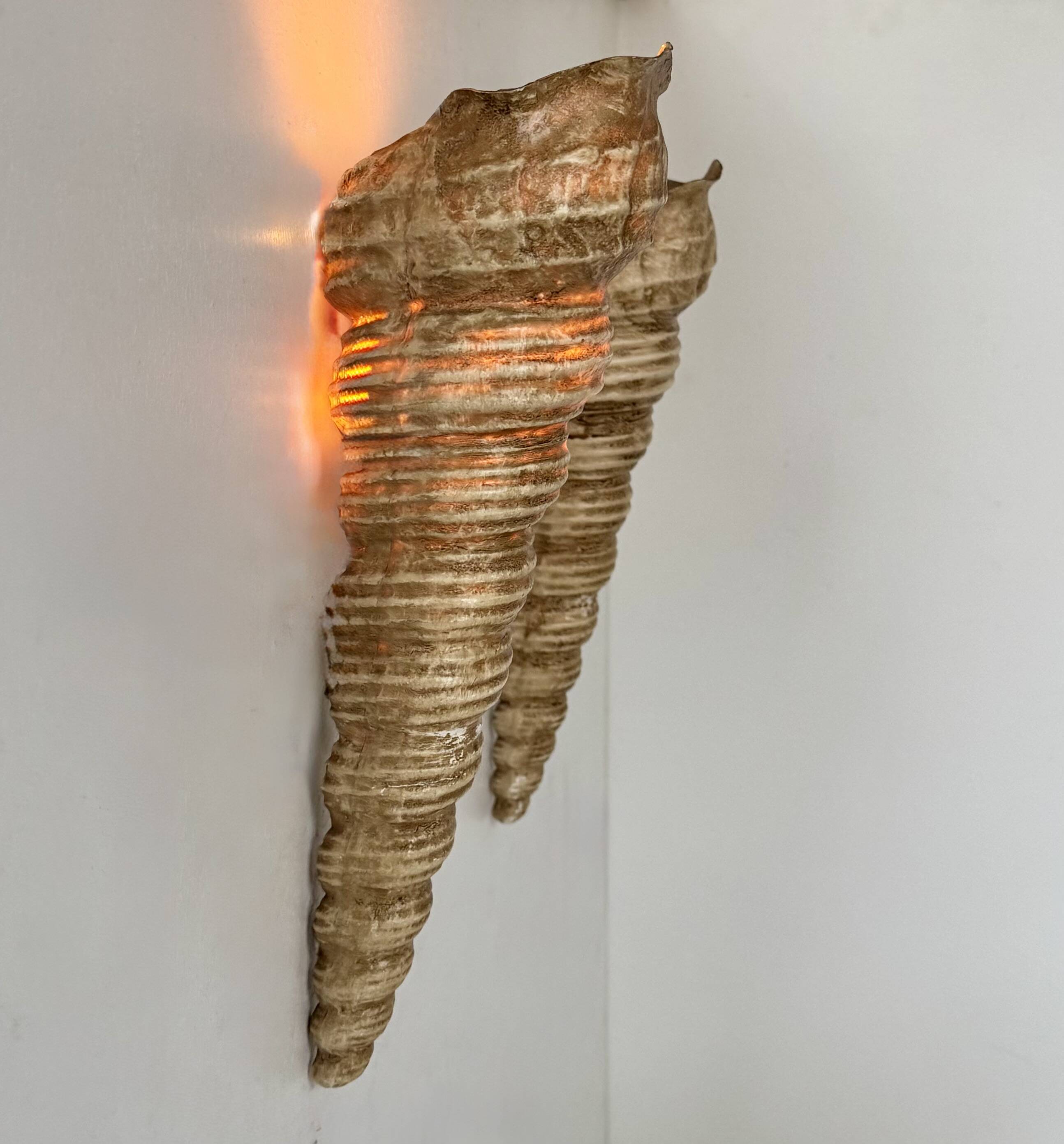 Pair of vintage shell wall sconces, beige fiberglass, France 1960