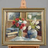 Original early century Swedish oil on canvas – "Tulips and Poppies" by Johan Jacobsson – vintage & framed 68 × 80 cm (26.8" × 31.5")