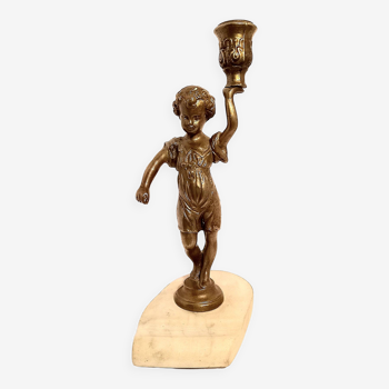 Flambeau garçonnet en bronze sur socle porte-stylo en marbre