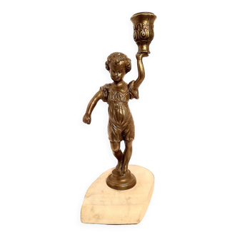 Boy's torch in bronze on marble pen holder base