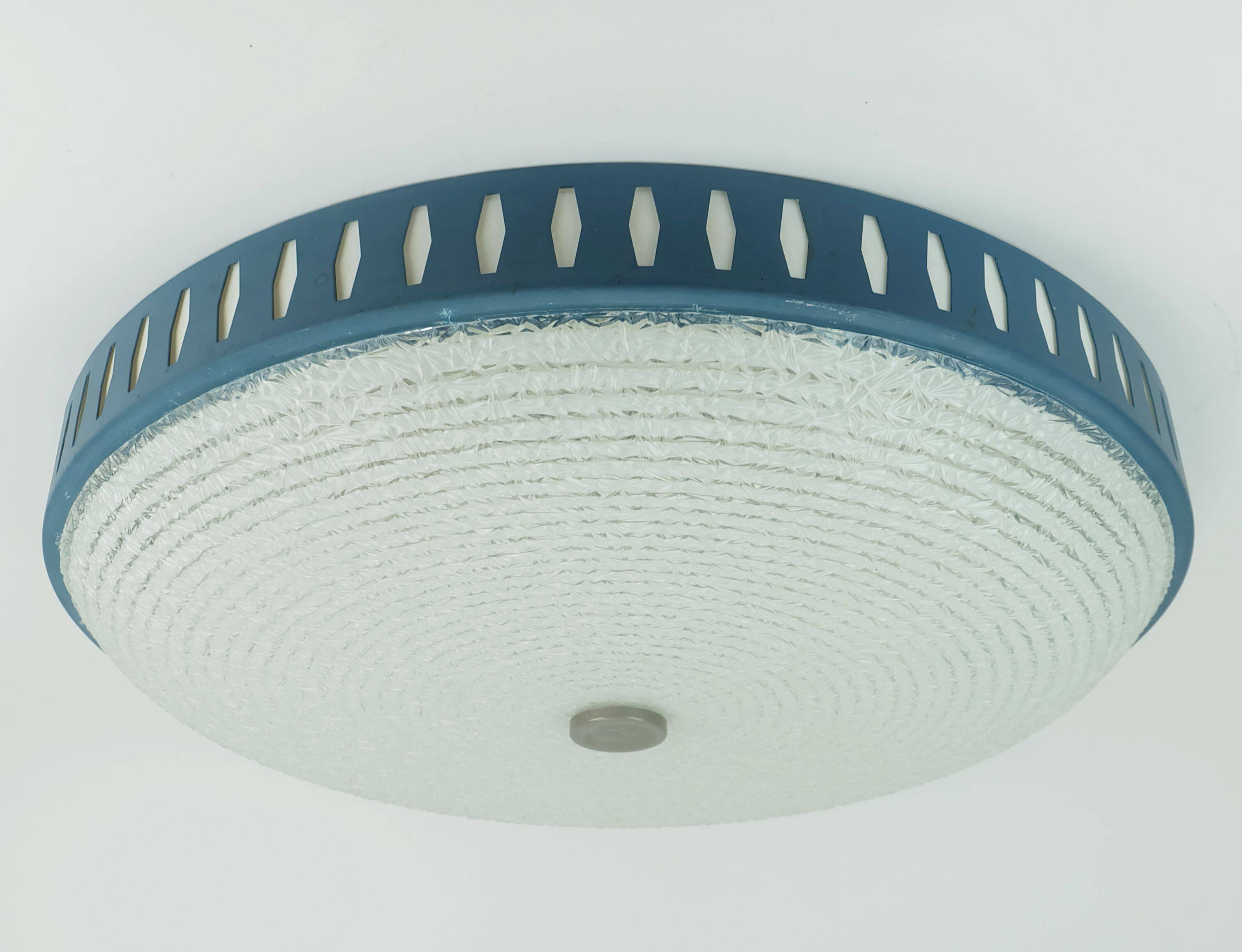 Rare large ceiling light by hillebrand 1960s textured glass blue metal fram