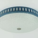 Rare large ceiling light by hillebrand 1960s textured glass blue metal fram